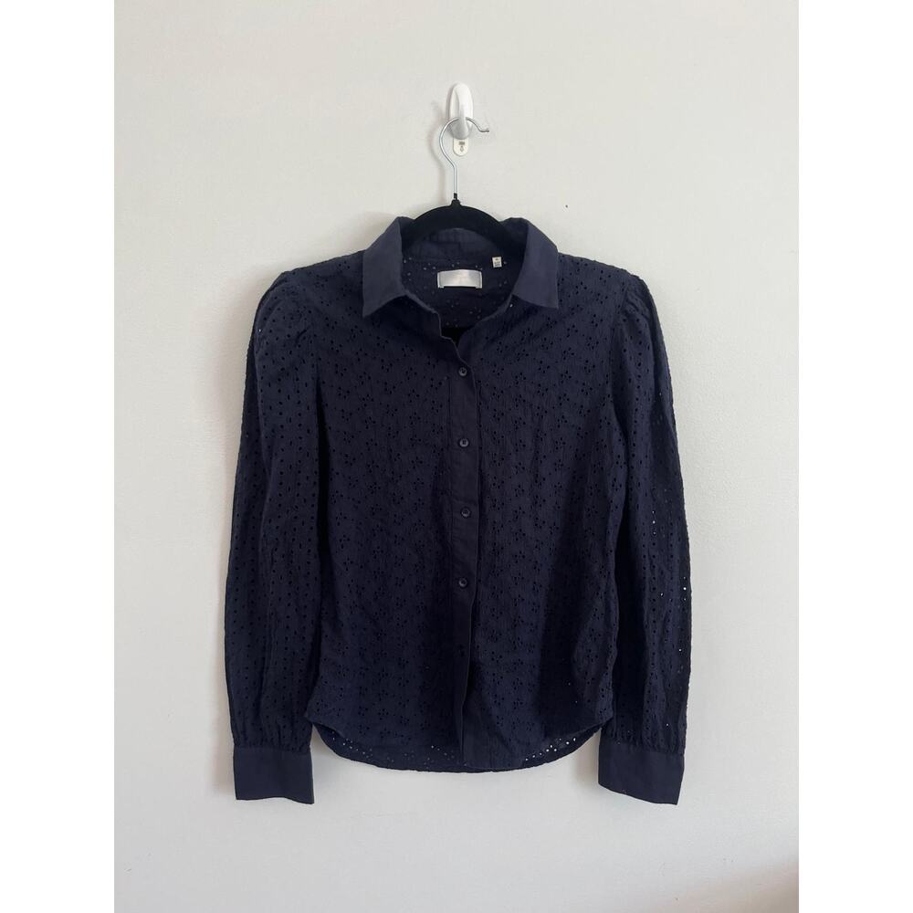 7 For All Mankind Eyelet Button Down Shirt Women XS Navy Blue Blouse‎ Cotton Top